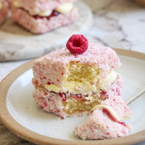 Fresh As Freeze Dried Raspberries & White Chocolate Lamingtons