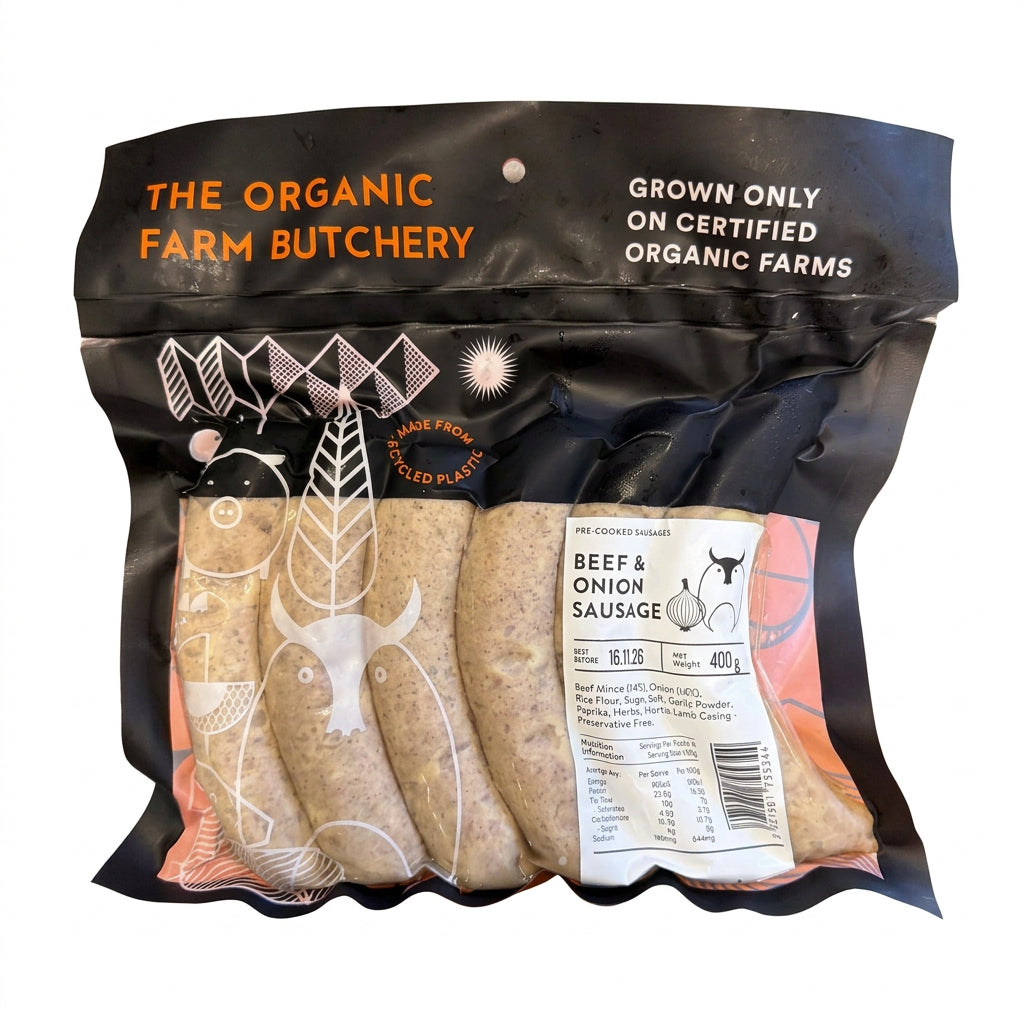 Beef and Onion Sausages (The Organic Farm Butchery) 400g