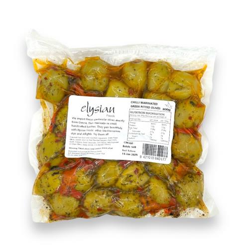 Chilli Marinated Green Pitted Olives (Elysian) 300g